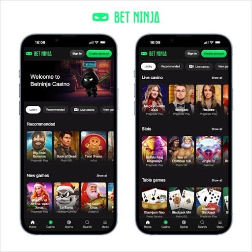 betninja screenshots on two mobiles on white background