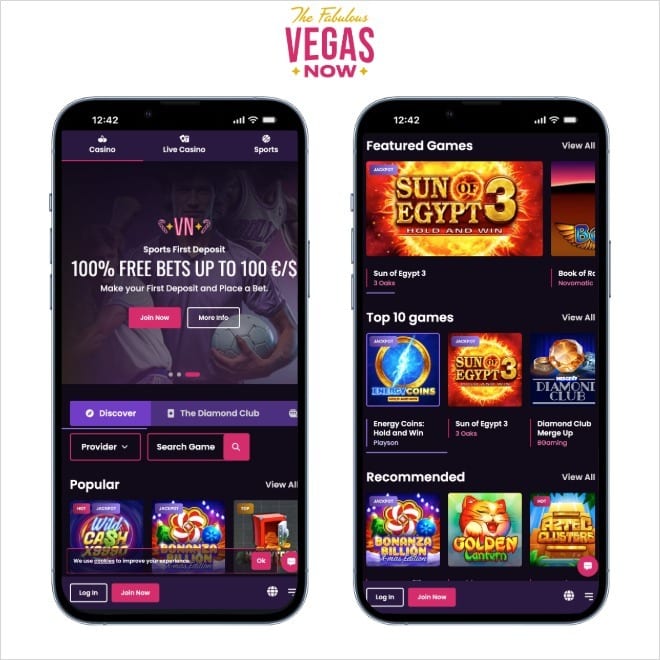 vegas now screenshots shown on two mobiles on a white background